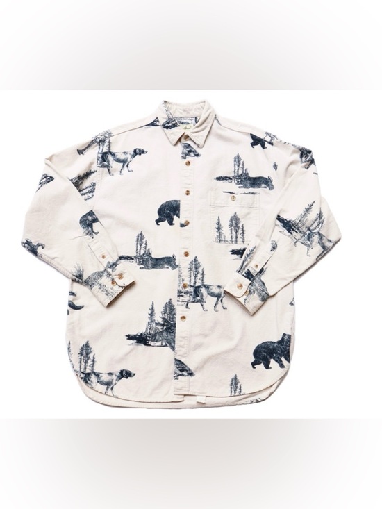Eddie Bauer Other - Eddie Bauer Vintage Cream Button-Down Shirt with Navy Animal/outdoors Print